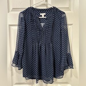 Charter Club Navy Floral Pintuck Peasant Blouse